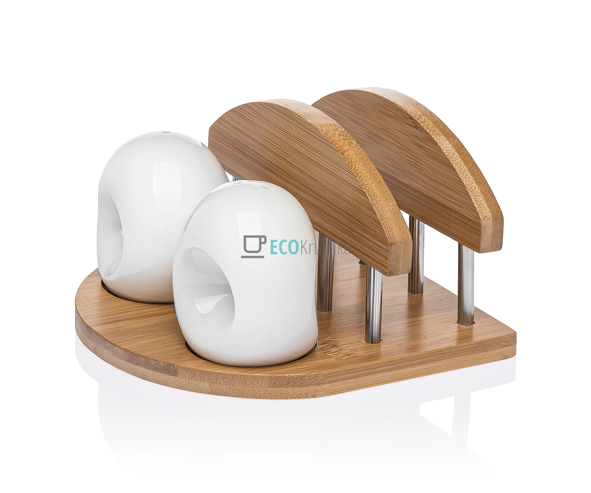 Сільничка та перечниця, серветниця на бамбуковій підставці PJ01827 Сільничка та перечниця, серветниця на бамбуковій підставці PJ01827