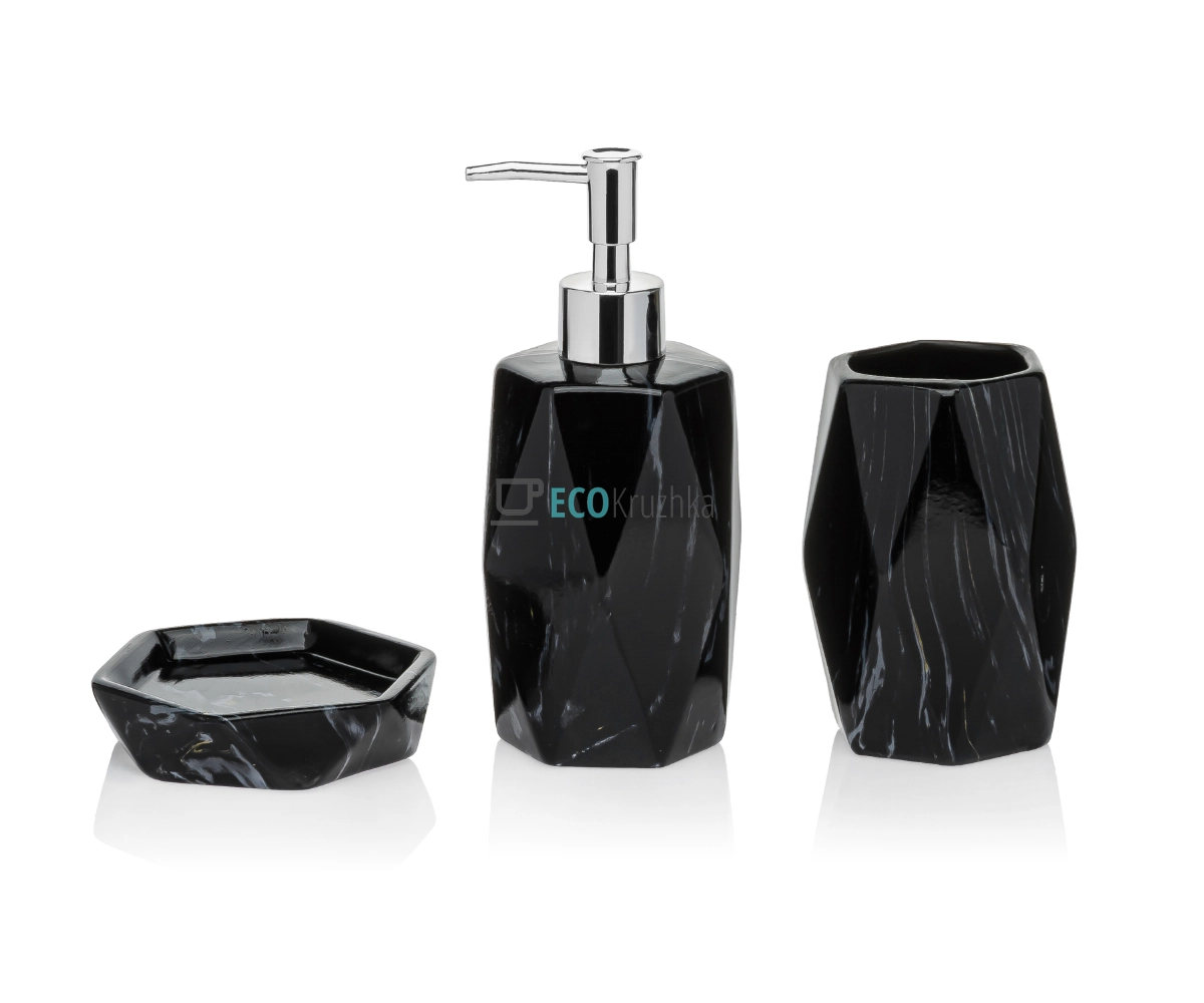 Набір для ванної кімнати (3 предмети) дозатор для мила, склянка для зубних щіток та мильниця, дизайн - чорний мармур (851-318) Набір для ванної кімнати (3 предмети) дозатор для мила, склянка для зубних щіток та мильниця, дизайн - чорний мармур (851-318)