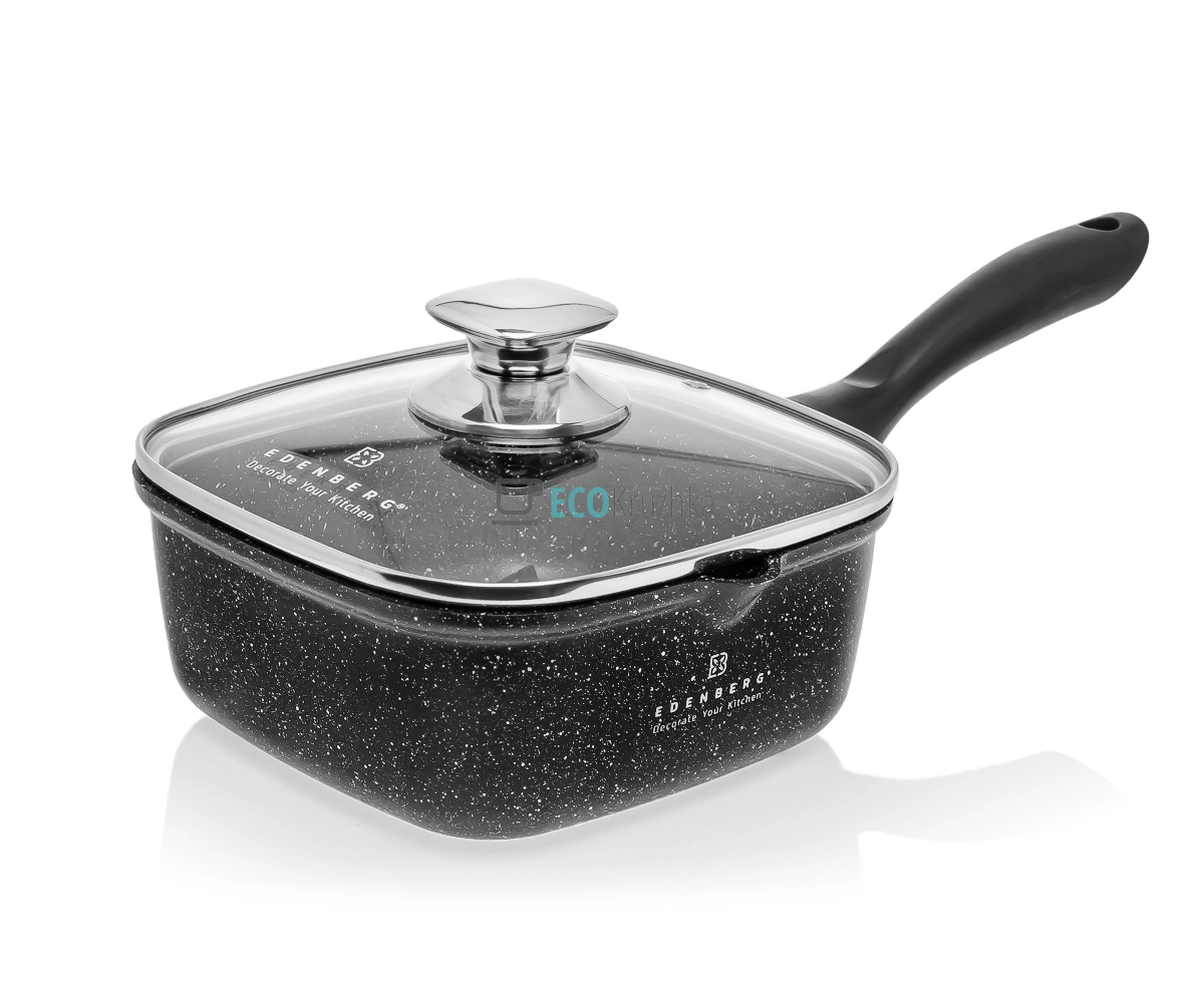 Квадратний ківш Edenberg EB-16997 з гранітним покриттям та скляною кришкою, 1,8 л (18 см), чорний, литий алюміній