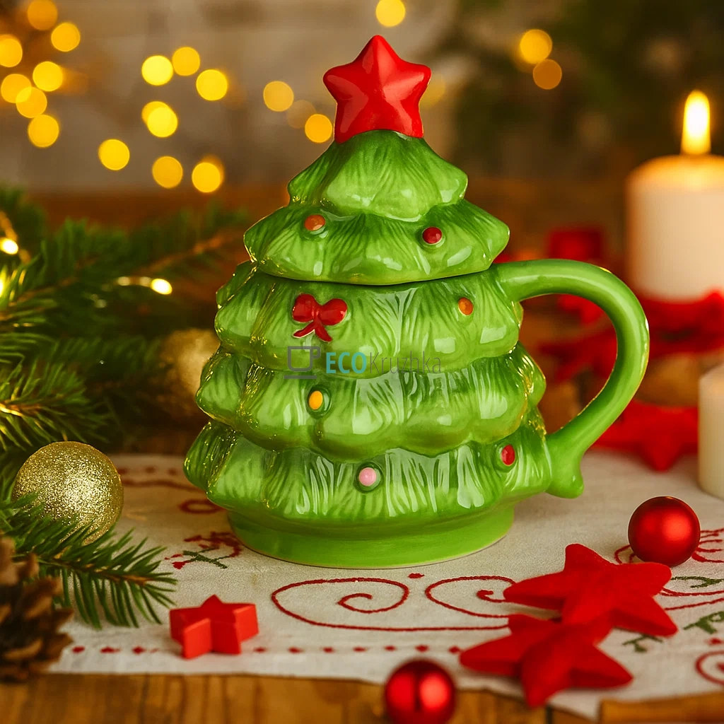 Новорічна керамічна кружка з кришкою "Ялинка" 470 мл – зимовий подарунок для чаю, кави та святкового настрою (928-197)