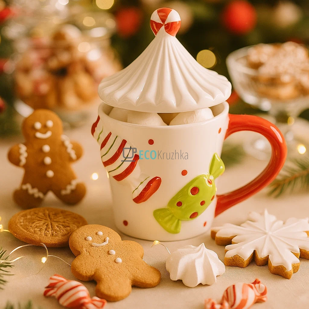 Керамічна кружка з кришкою “Цукерки” 400 мл – подарункова новорічна чашка (834-431)