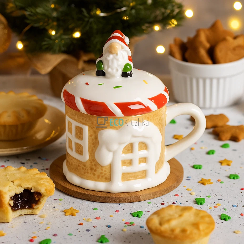Керамічна кружка з кришкою “Пряниковий будиночок” 370 мл – новорічна подарункова чашка (834-415) Керамічна кружка з кришкою “Пряниковий будиночок” 370 мл – новорічна подарункова чашка (834-415)
