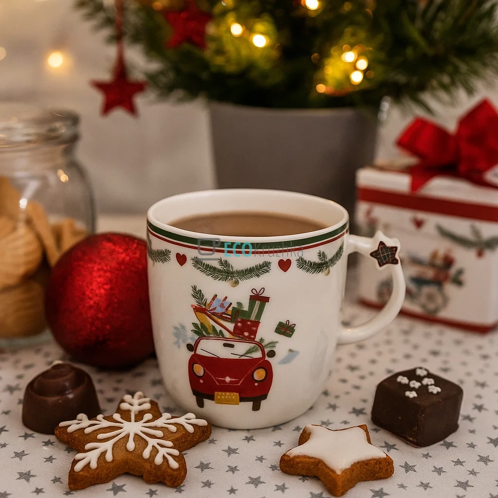 Новорічна кружка порцелянова Happy Holidays 360 мл – святковий кухоль (311-133-4)