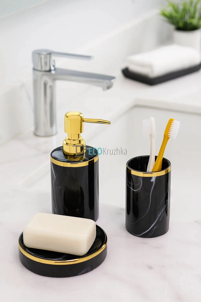 Набір "Luxury Marble" для ванної кімнати: дозатор 350 мл, склянка, мильниця, чорний мармур із золотом (851-338)