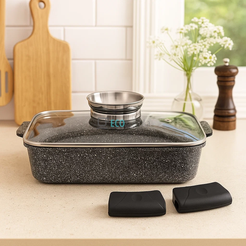 Жаровня алюмінієва з мармуровим покриттям 3.2 л з кришкою 28x20x6,5 см Сірий Edenberg EB-12124