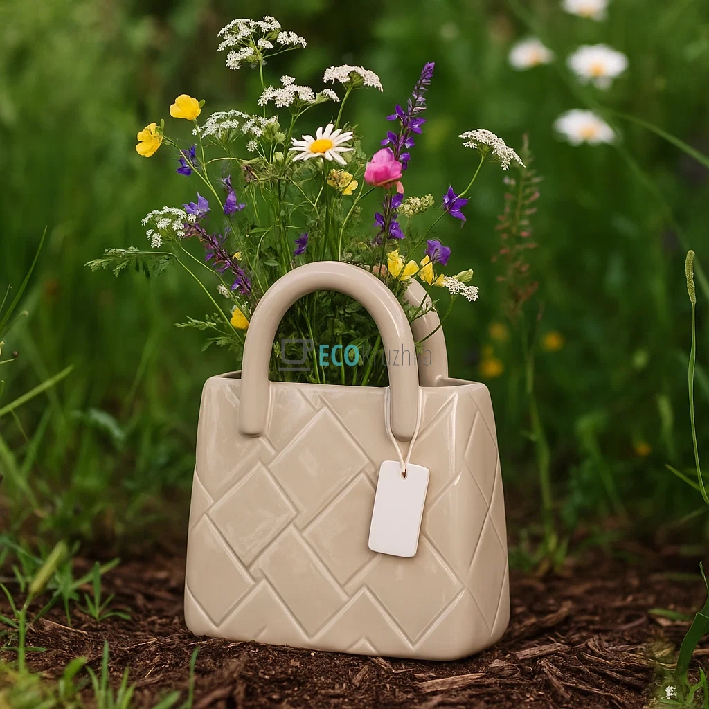 Ваза керамічна у формі сумочки, 15.5x7x18 см, бежевого кольору (модель 733-748) Ваза керамічна у формі сумочки, 15.5x7x18 см, бежевого кольору (модель 733-748)