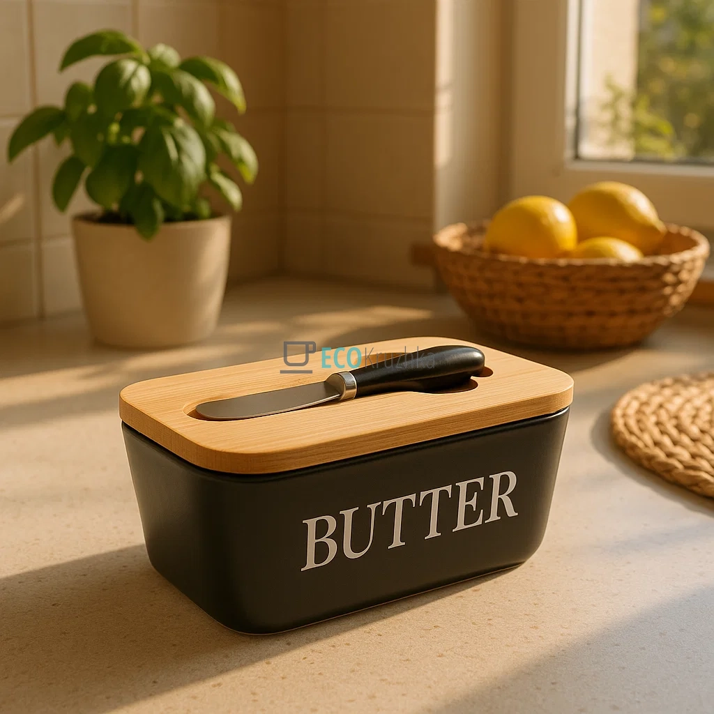 Маслянка керамічна з ножем та бамбуковою кришкою Butter Чорна APL0480