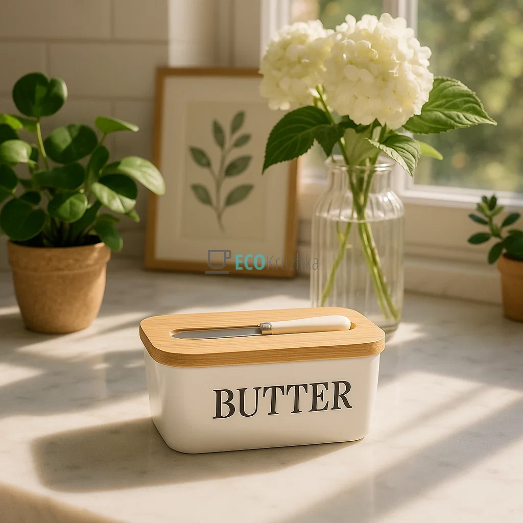 Маслянка керамічна з ножем та бамбуковою кришкою Butter EK12398