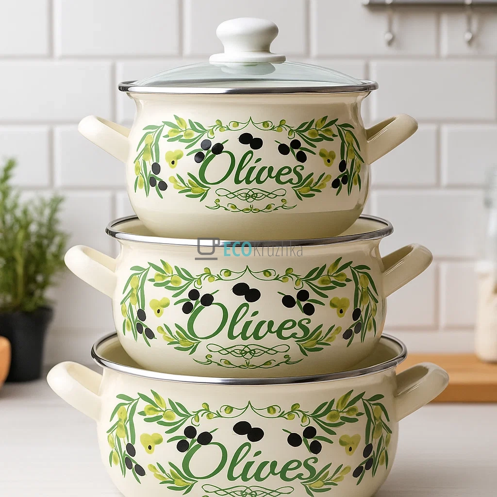 Набір із трьох емальованих каструль Грецька олива Interos EK567А Набір із трьох емальованих каструль Грецька олива Interos EK567А