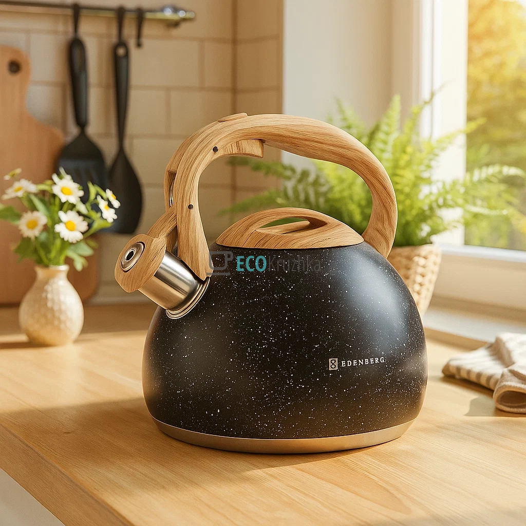 Чайник Edenberg Чорний 3л із нержавіючої сталі із свистком та нейлоновою ручкою для індукції та газу EB-8801