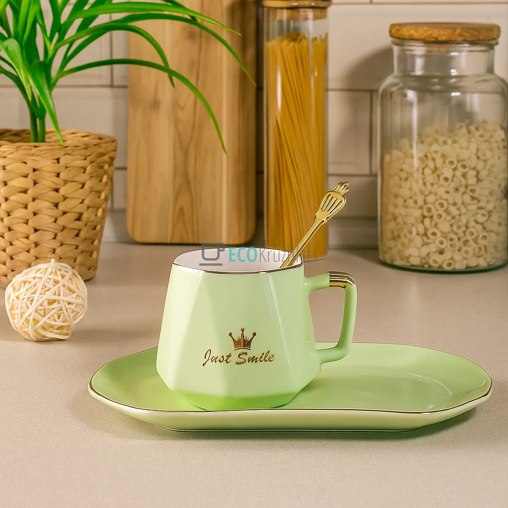 Чашка 230 мл із блюдцем та ложкою Just Smile Салатовий (927-231)