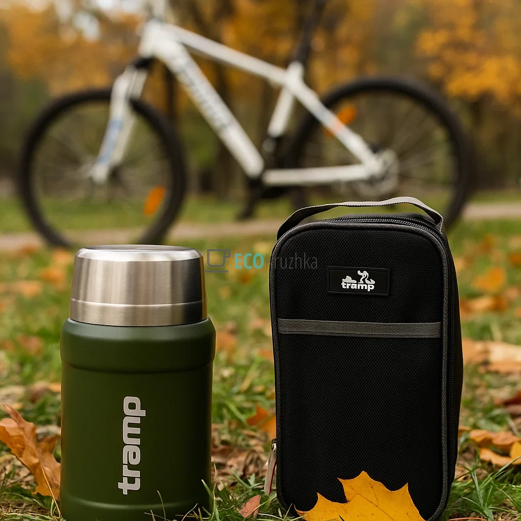 Термос Tramp харчової 800 мл з нержавіючої сталі ложкою та термосумкою Оливковий TRC-132-olive