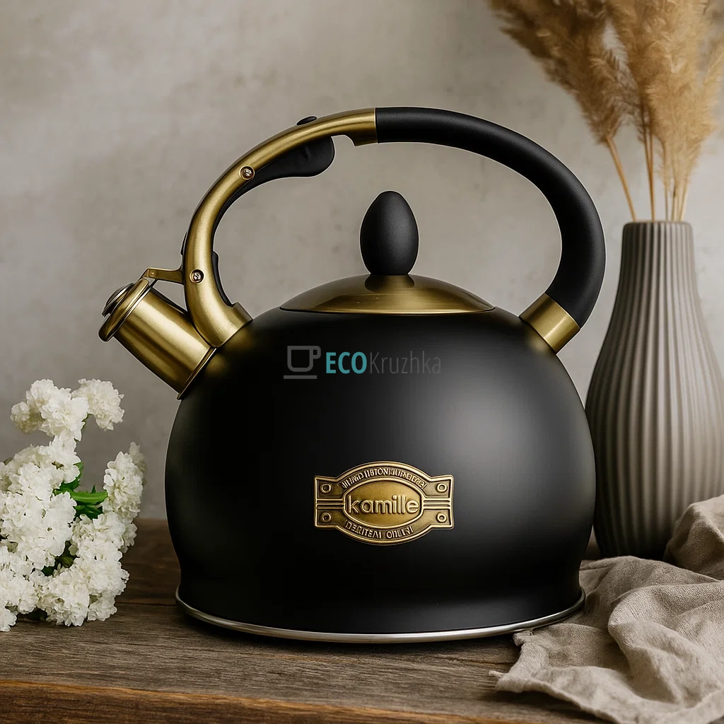 Чайник 2.7 л з нержавіючої сталі зі свистком та ручкою "soft touch" (чорний) Kamille KM-0852 Чайник 2.7 л з нержавіючої сталі зі свистком та ручкою "soft touch" (чорний) Kamille KM-0852