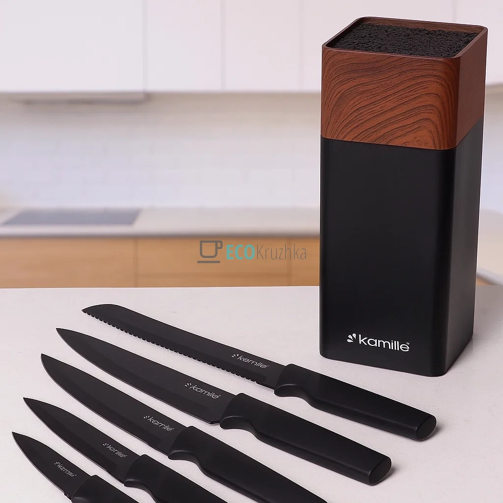 Набір кухонних ножів Kamille Acacia Black 6 шт KM-7615 Набір кухонних ножів Kamille Acacia Black 6 шт KM-7615