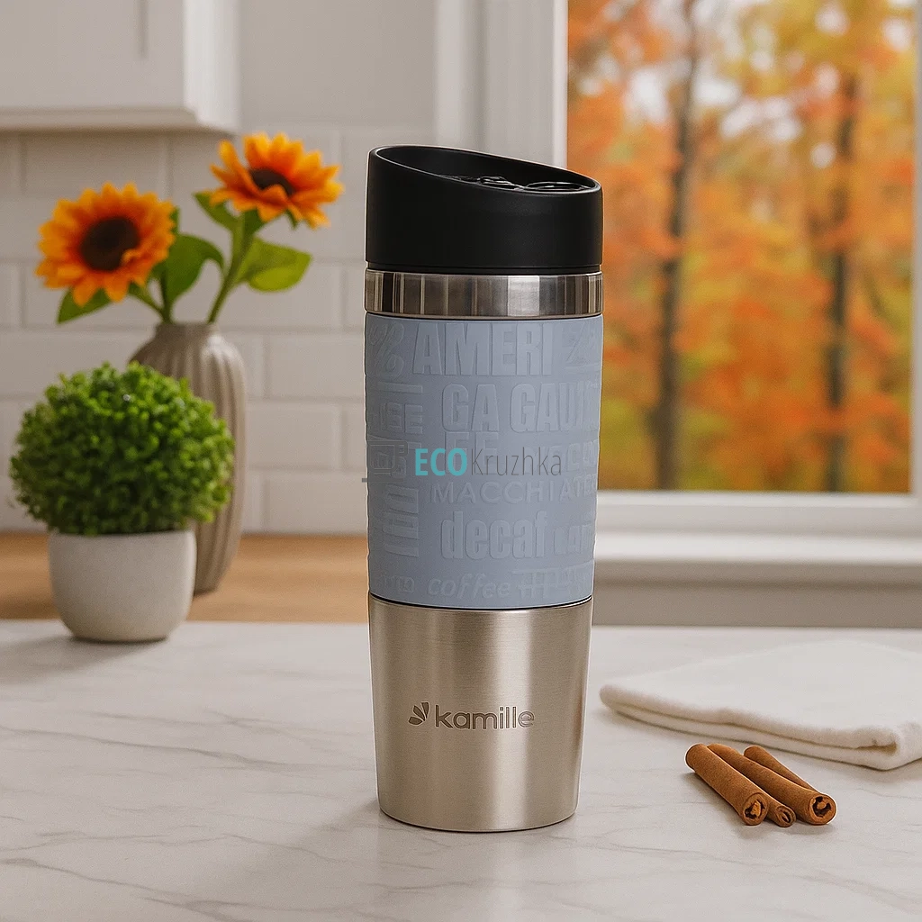 Термокружка Kamille 380 мл з нержавіючої сталі з TPR-вставкою Ментоловий (KM-2153) Термокружка Kamille 380 мл з нержавіючої сталі з TPR-вставкою Ментоловий (KM-2153)