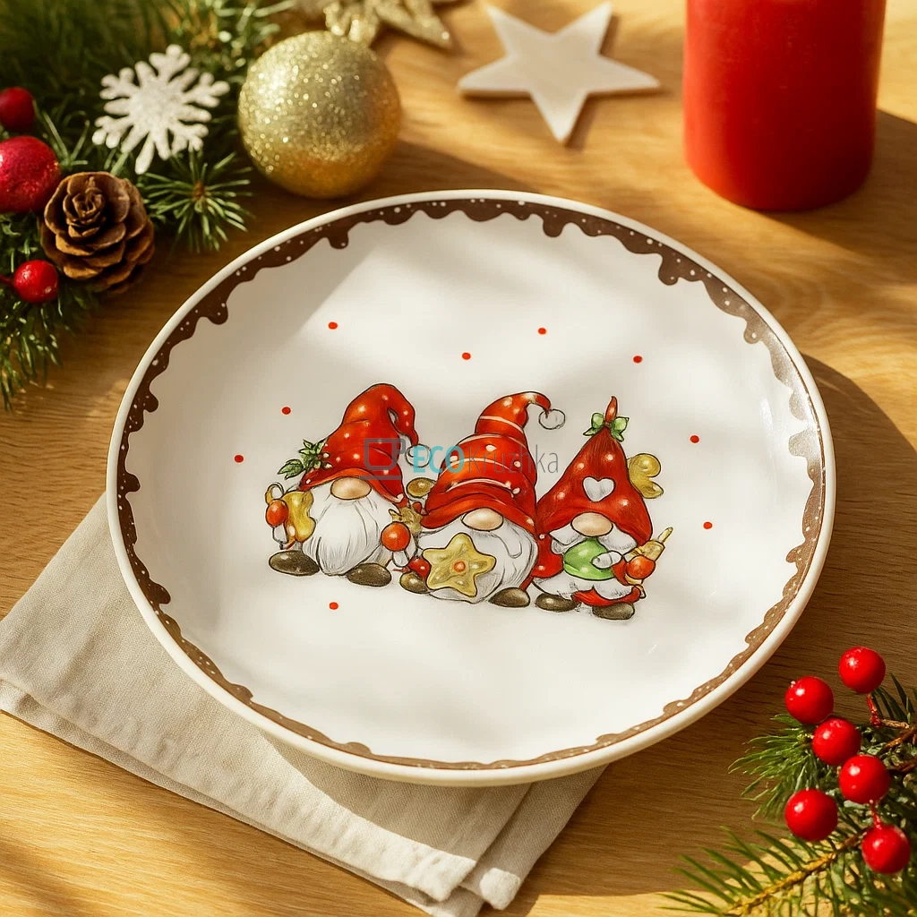 Керамічна обідня тарілка "Гноми з пряниками" Ø21 см – новорічний дизайн (DM775-X) Керамічна обідня тарілка "Гноми з пряниками" Ø21 см – новорічний дизайн (DM775-X)