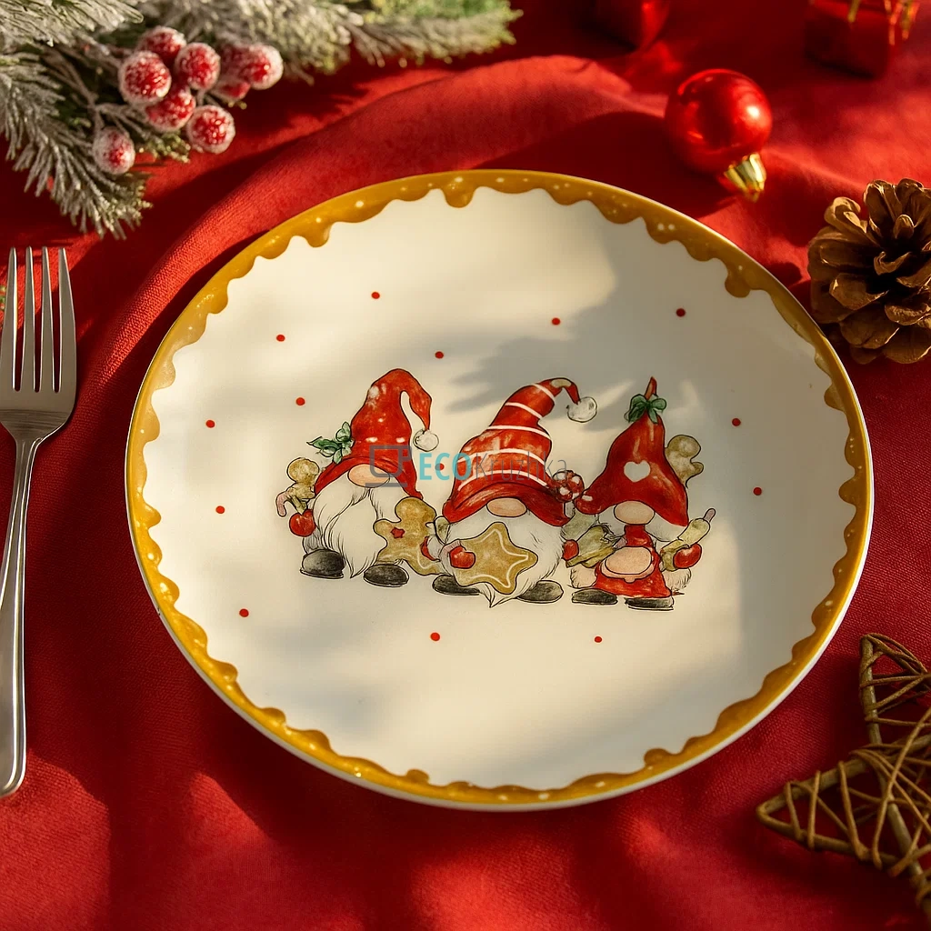 Новорічна керамічна тарілка з гномами та пряниками, Ø24 см (DM777-X) Новорічна керамічна тарілка з гномами та пряниками, Ø24 см (DM777-X)