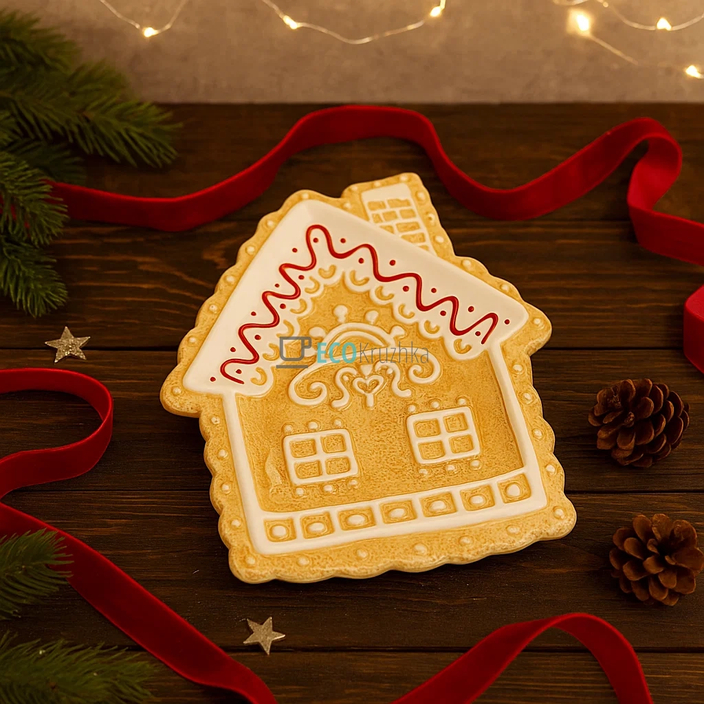 Керамічна тарілка "Пряничний будиночок", 26x21.5x2.5 см, світло-коричнева (928-113) Керамічна тарілка "Пряничний будиночок", 26x21.5x2.5 см, світло-коричнева (928-113)