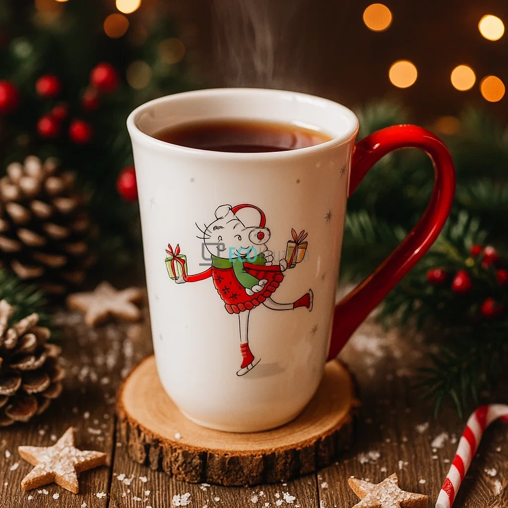 Кружка керамічна "Котик із подарунками", 490 мл, біла з червоною ручкою (арт. 834-352) Кружка керамічна "Котик із подарунками", 490 мл, біла з червоною ручкою (арт. 834-352)