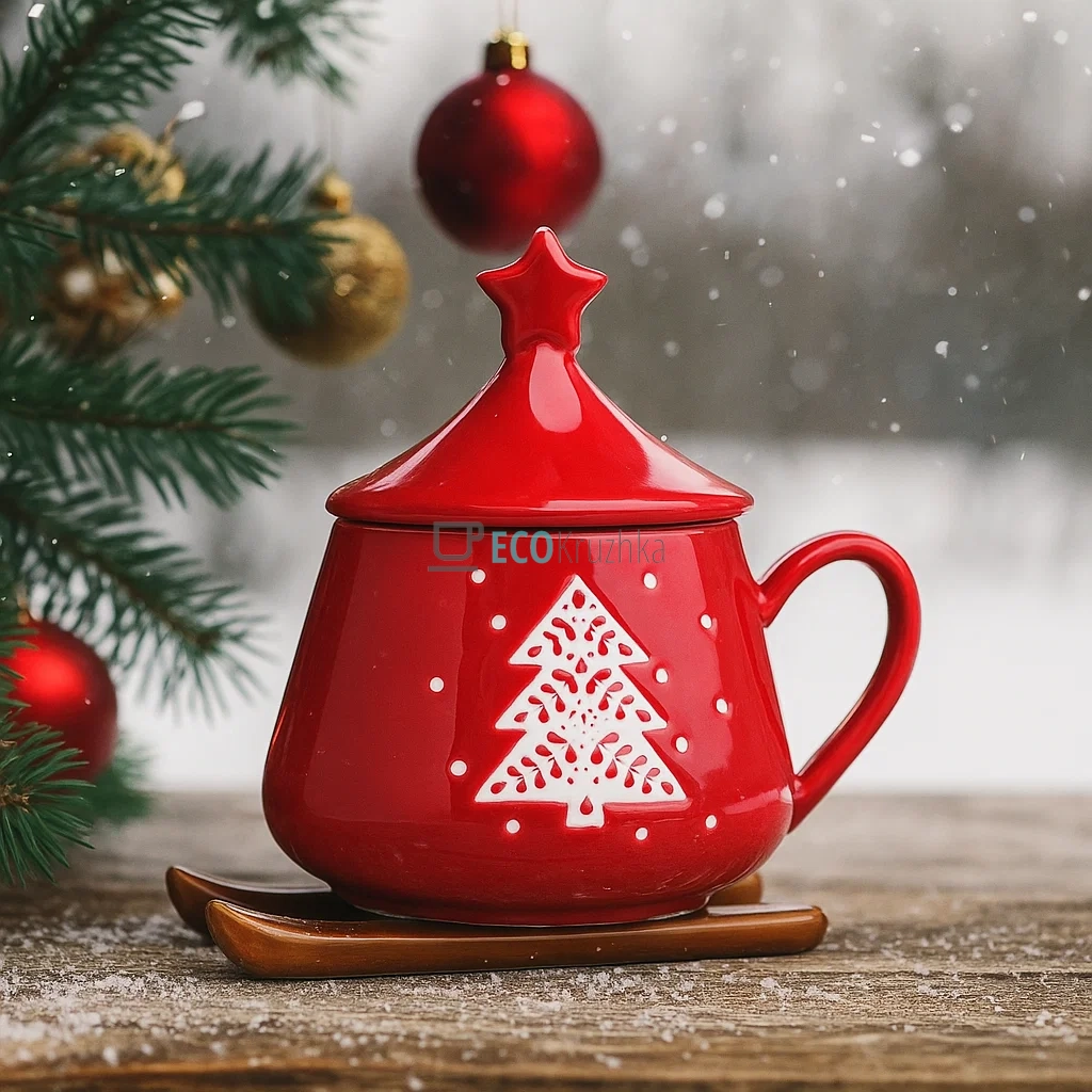 Порцелянова кружка "Сані із зіркою на кришці", 300 мл, червона (311-131)