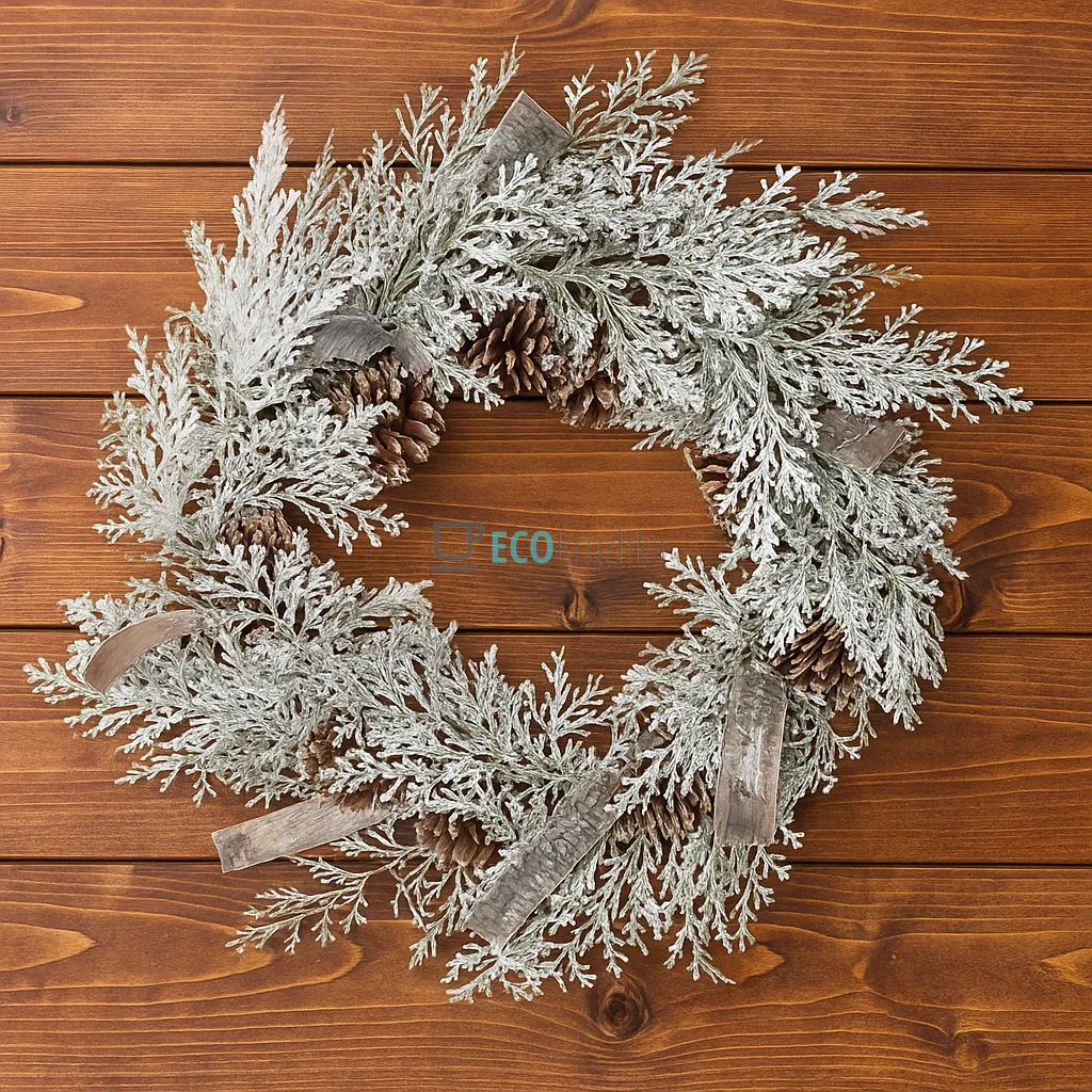 Декоративний вінок із засніженої хвої та шишок, 50 см (Модель 879-210) Декоративний вінок із засніженої хвої та шишок, 50 см (Модель 879-210)