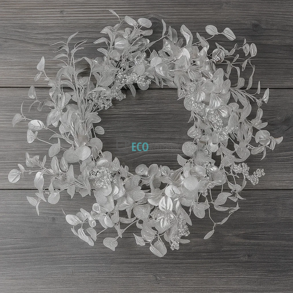Декоративний вінок з листя та ягід, 70 см, срібного кольору (Модель LD5-407) Декоративний вінок з листя та ягід, 70 см, срібного кольору (Модель LD5-407)