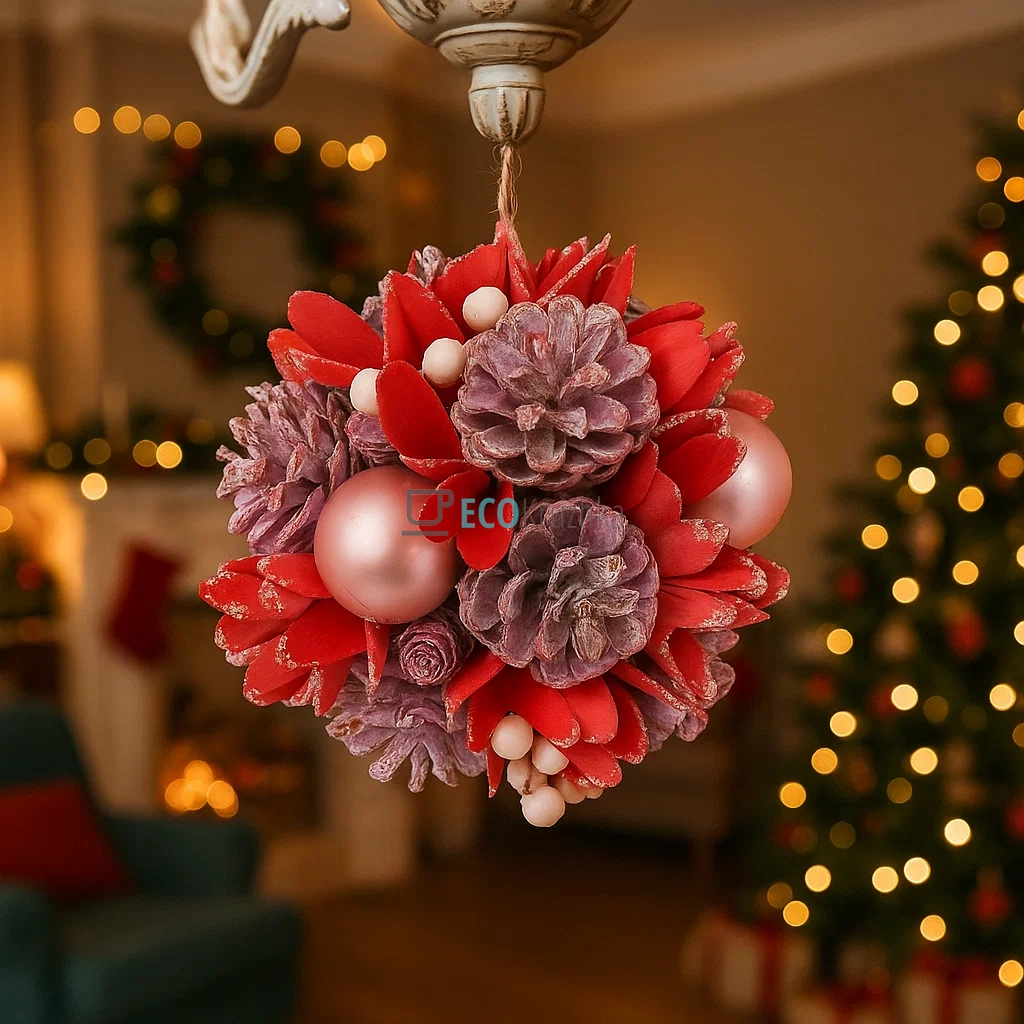 Підвісний декор "Куля" 14 см з шишок, куль і ягід, рожевий з кораловим, стильний святковий елемент RM4-739