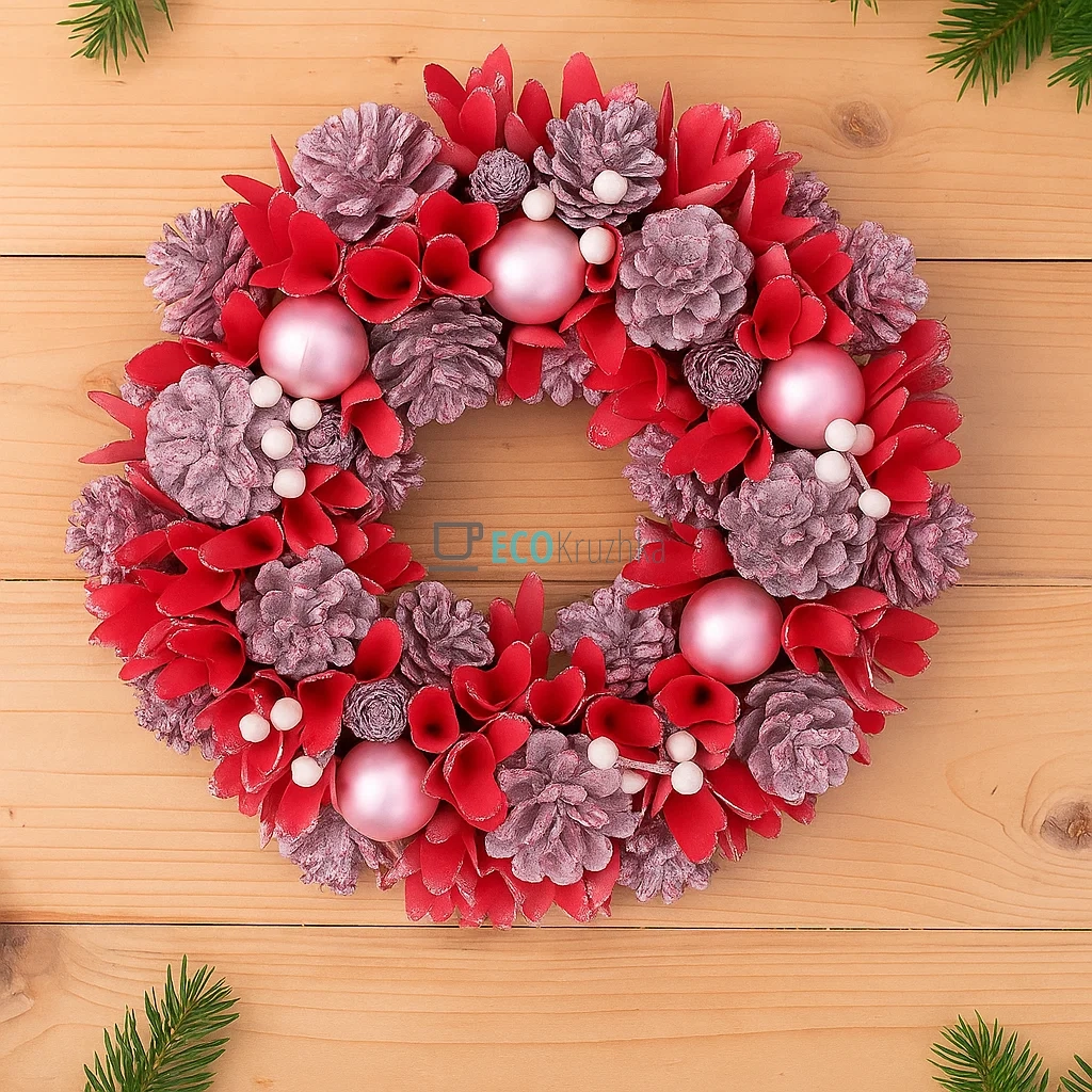 Новорічний вінок 34 см з декором із шишок, куль та ягід, рожевий з кораловим, стильний святковий декор для інтер Новорічний вінок 34 см з декором із шишок, куль та ягід, рожевий з кораловим, стильний святковий декор для інтер