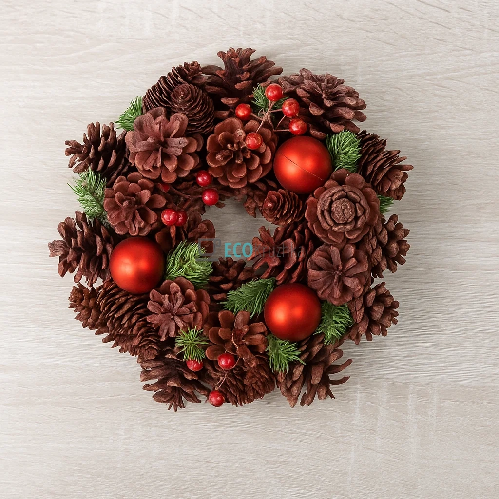 Новорічний вінок 26 см з декором із шишок та куль, бордовий, стильний святковий декор 743-794 Новорічний вінок 26 см з декором із шишок та куль, бордовий, стильний святковий декор 743-794
