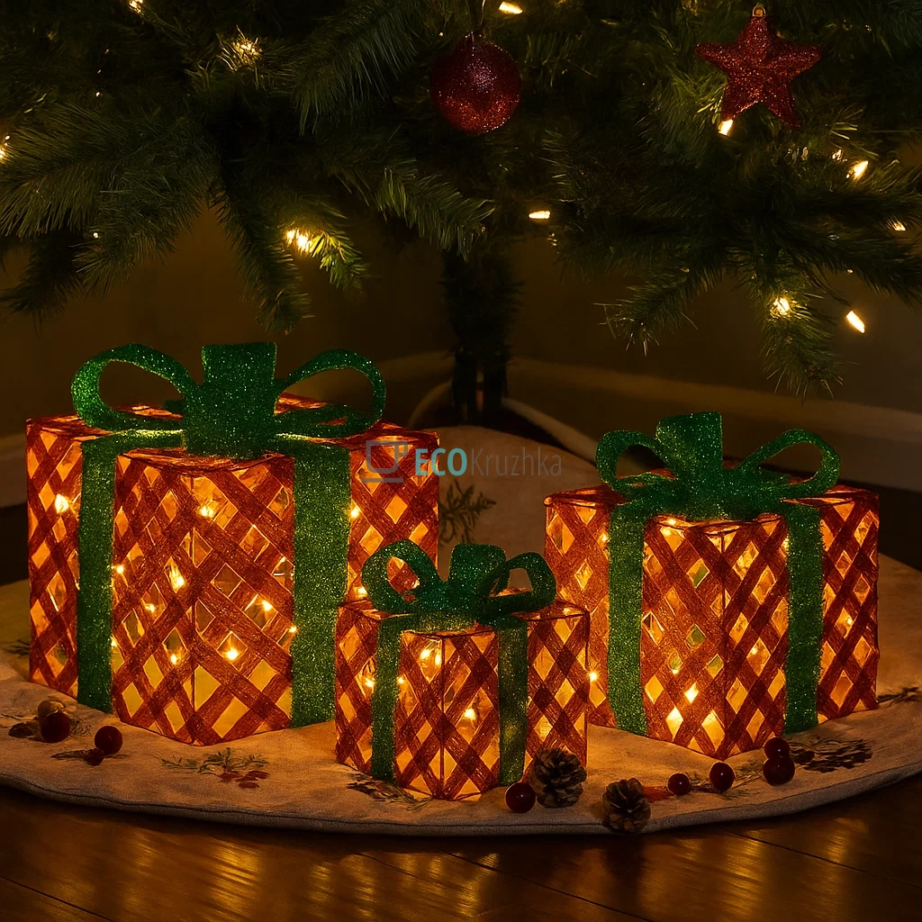 Набір декоративних подарунків з підсвічуванням червоний із зеленим 3 шт, 2 режими (миготіння і без), висота 15 см, 20 см, 25 см, модель NY12-343 Набір декоративних подарунків з підсвічуванням червоний із зеленим 3 шт, 2 режими (миготіння і без), висота 15 см, 20 см, 25 см, модель NY12-343