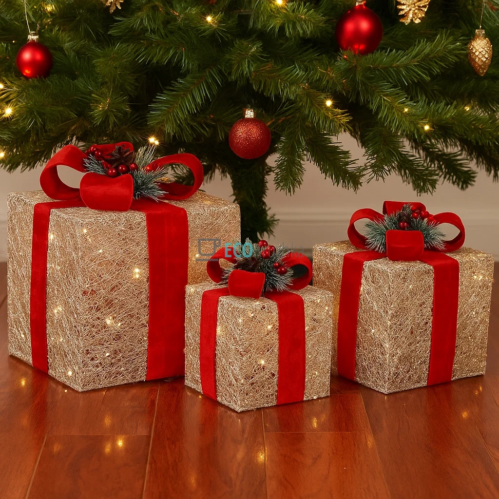 Набір декоративних подарунків з підсвічуванням шампань із червоним оксамитовим бантом 3 шт, висота 15 см, 20 см, 25 см, модель NY12-370 Набір декоративних подарунків з підсвічуванням шампань із червоним оксамитовим бантом 3 шт, висота 15 см, 20 см, 25 см, модель NY12-370