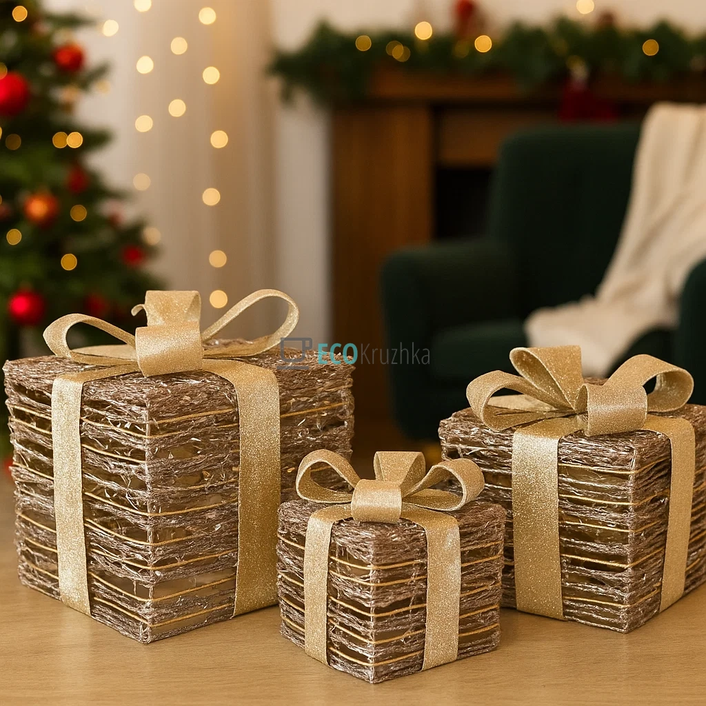 Набір декоративних подарунків з підсвічуванням старовинне золото 3 шт, висота 15 см, 20 см, 25 см, модель NY12-341 Набір декоративних подарунків з підсвічуванням старовинне золото 3 шт, висота 15 см, 20 см, 25 см, модель NY12-341