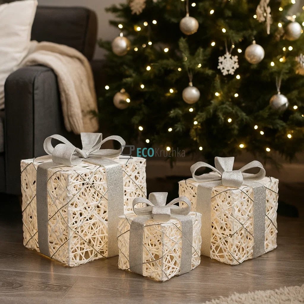 Набір декоративних подарунків з підсвічуванням білий зі сріблом 3 шт, висота 15 см, 20 см, 25 см, модель NY12-285 Набір декоративних подарунків з підсвічуванням білий зі сріблом 3 шт, висота 15 см, 20 см, 25 см, модель NY12-285