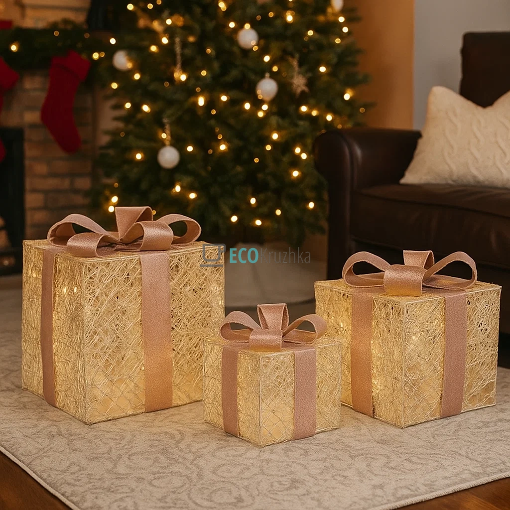 Набір декоративних подарунків з підсвічуванням шампань з рожевим 3 шт, висота 20 см, 25 см, 30 см, модель NY12-338 Набір декоративних подарунків з підсвічуванням шампань з рожевим 3 шт, висота 20 см, 25 см, 30 см, модель NY12-338