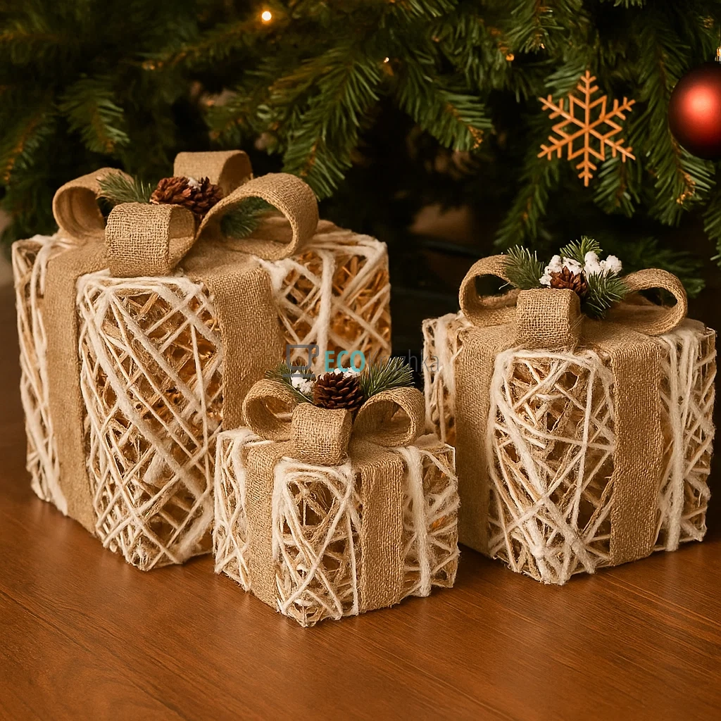 Набір декоративних подарунків з підсвічуванням білий з бежевим 3 шт, висота 15 см, 20 см, 25 см, модель NY12-487