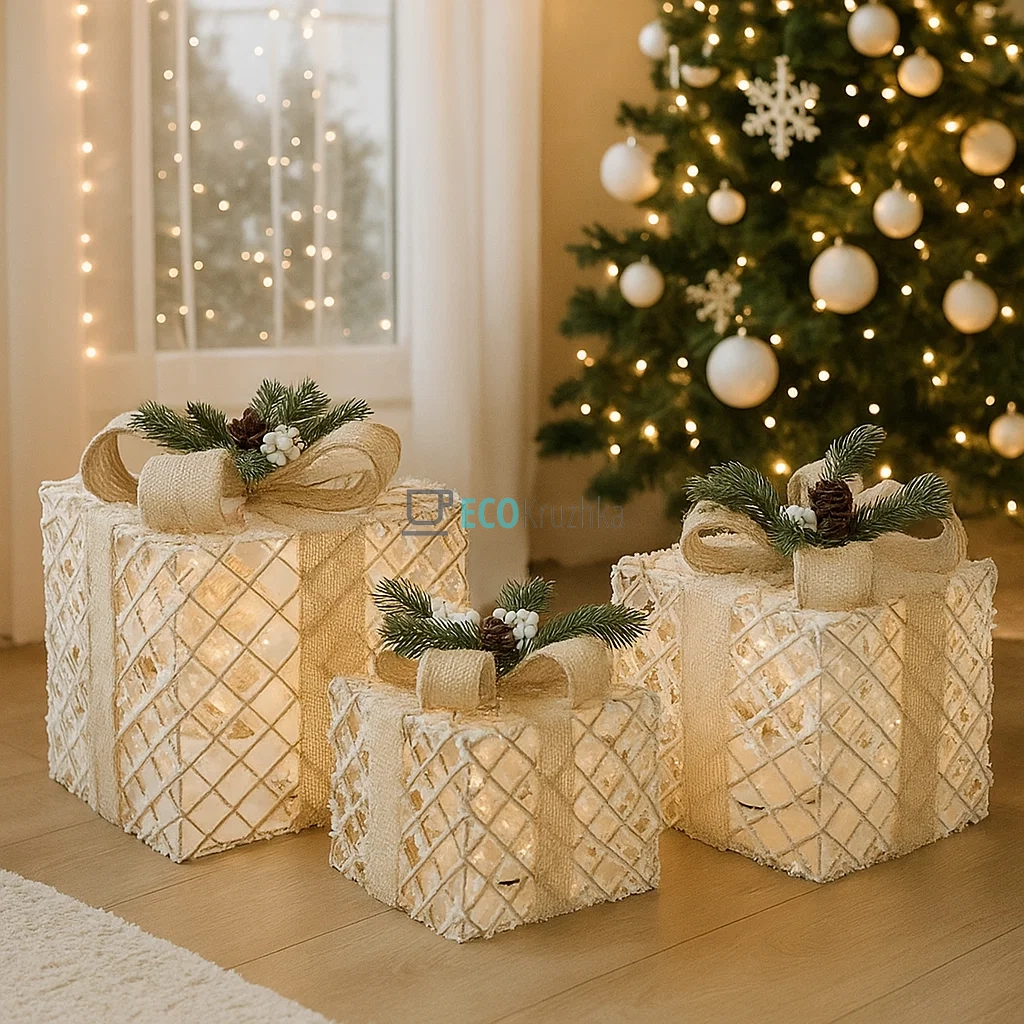 Набір декоративних подарунків з підсвічуванням білий з бежевим 3 шт, висота 15 см, 20 см, 25 см, модель NY12-488 Набір декоративних подарунків з підсвічуванням білий з бежевим 3 шт, висота 15 см, 20 см, 25 см, модель NY12-488