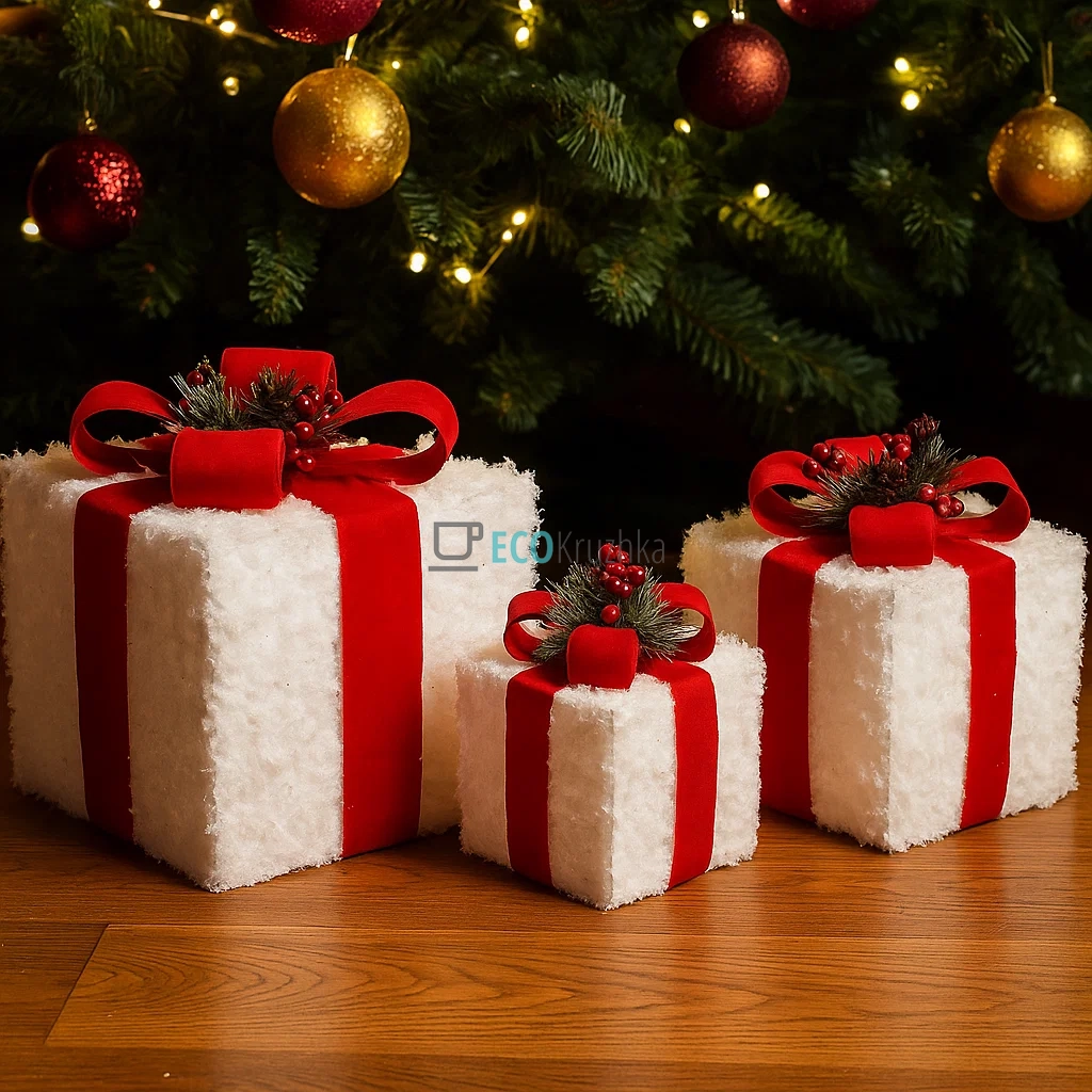 Набір декоративних подарунків з підсвічуванням білий з червоним оксамитовим бантом 3 шт, висота 15 см, 20 см, 25 см, модель NY12-358 Набір декоративних подарунків з підсвічуванням білий з червоним оксамитовим бантом 3 шт, висота 15 см, 20 см, 25 см, модель NY12-358