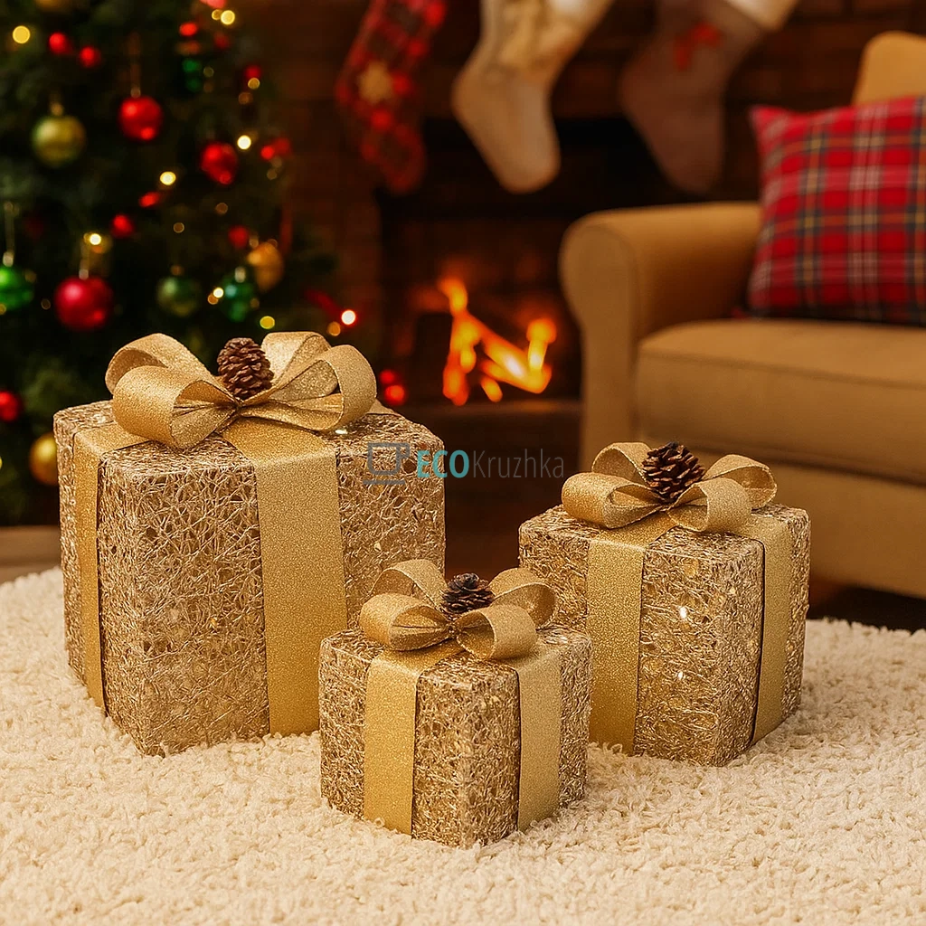 Набір декоративних подарунків з підсвічуванням золото 3 шт, висота 15см, 20см, 25см, модель NY12-379 Набір декоративних подарунків з підсвічуванням золото 3 шт, висота 15см, 20см, 25см, модель NY12-379