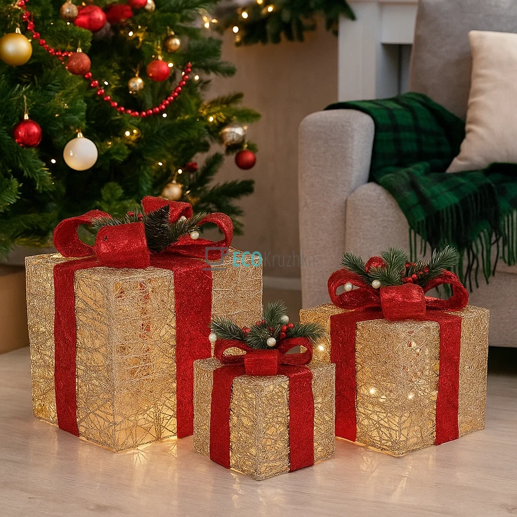 Набір декоративних подарунків з підсвічуванням шампань із червоним 3 шт, висота 15см, 20см, 25см, модель NY12-492 Набір декоративних подарунків з підсвічуванням шампань із червоним 3 шт, висота 15см, 20см, 25см, модель NY12-492