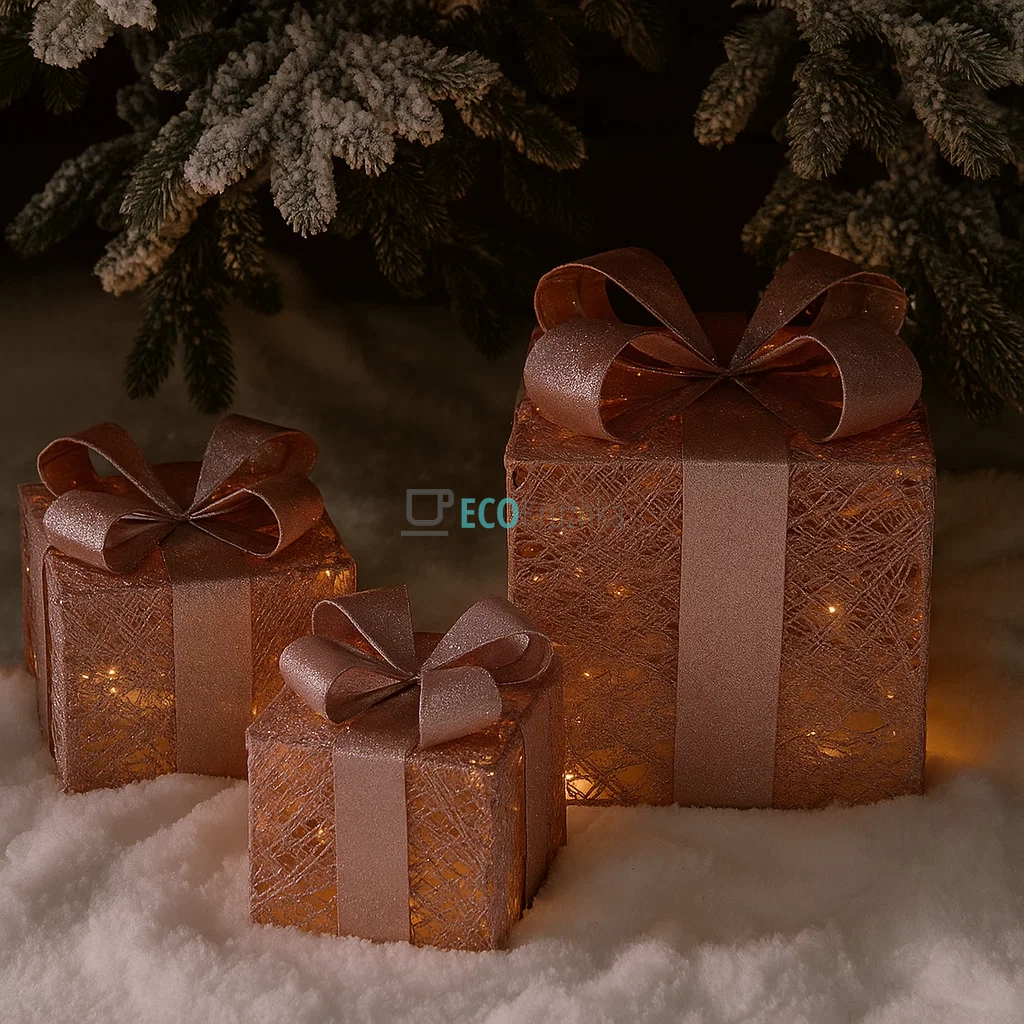 Набір декоративних подарунків з підсвічуванням (3 шт), 15 см, 20 см, 25 см, рожевий (Модель NY12-381) Набір декоративних подарунків з підсвічуванням (3 шт), 15 см, 20 см, 25 см, рожевий (Модель NY12-381)