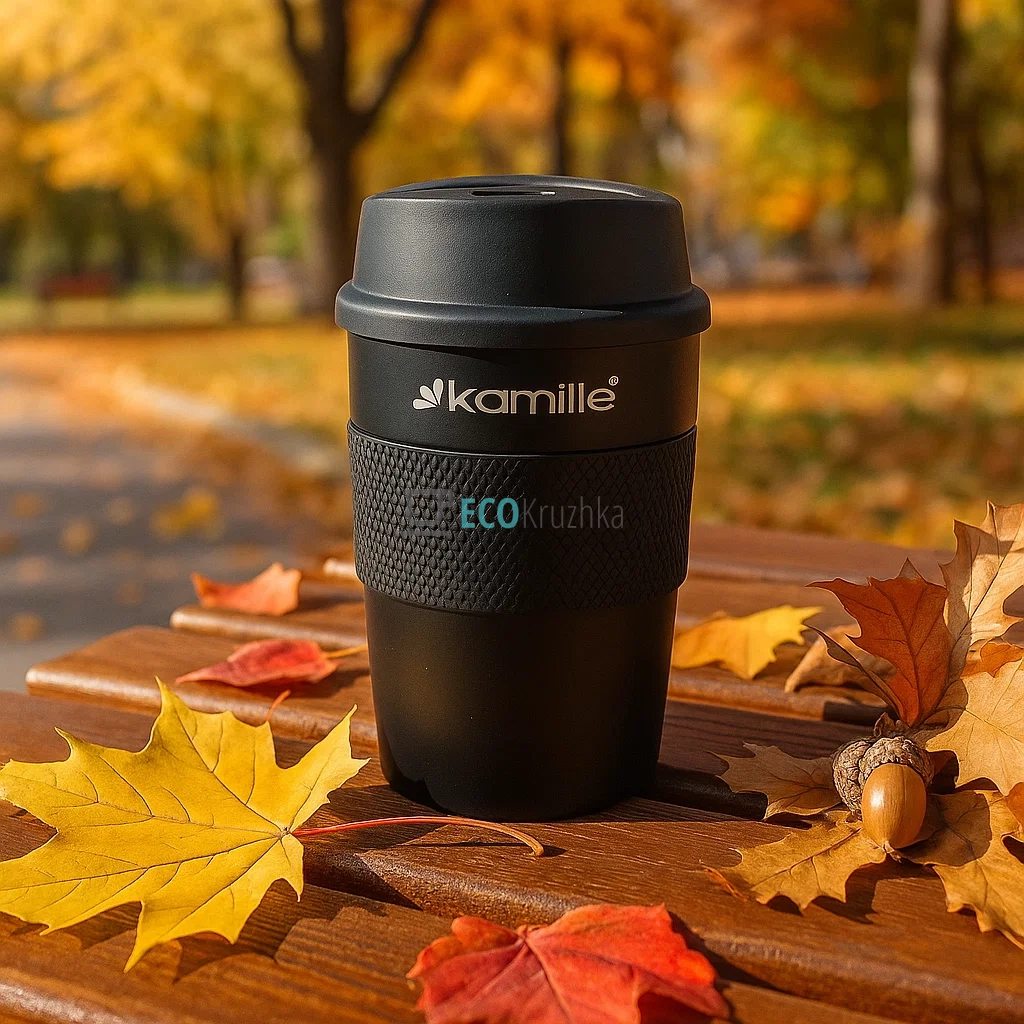 Термокружка Kamille 360мл з нержавіючої сталі з TPR вставкою Чорний KM-2049 Термокружка Kamille 360мл з нержавіючої сталі з TPR вставкою Чорний KM-2049