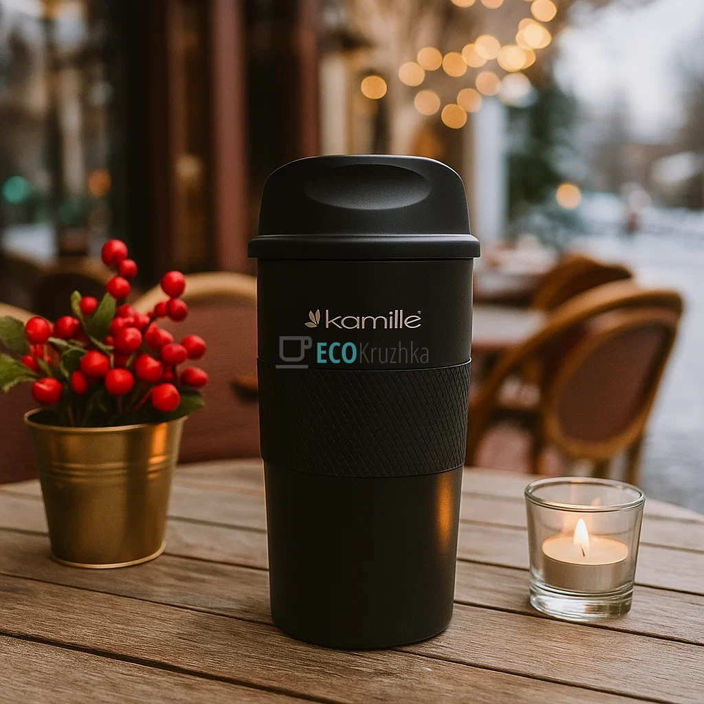 Термокружка Kamille 480мл з нержавіючої сталі з TPR вставкою Чорний KM-2049А Термокружка Kamille 480мл з нержавіючої сталі з TPR вставкою Чорний KM-2049А