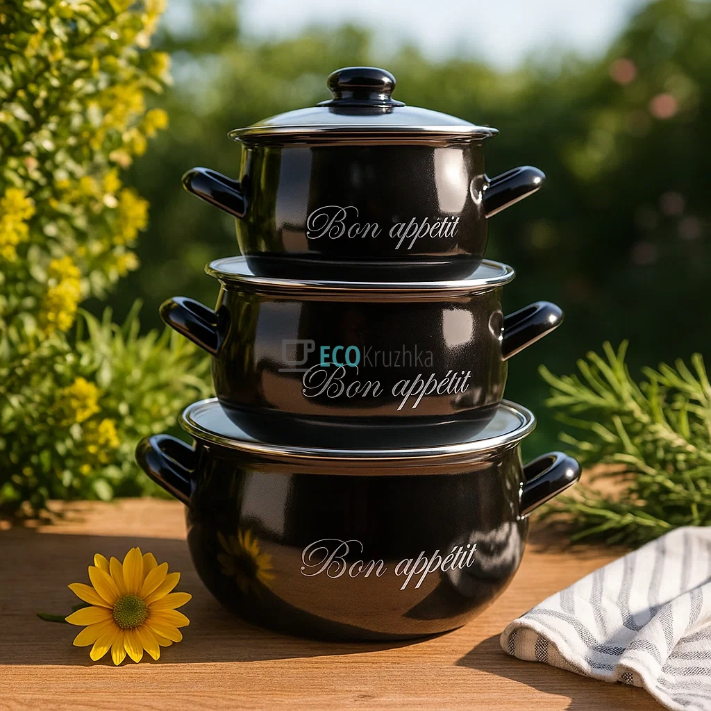 Набір із трьох емальованих кастрюль Interos EK2234А Набір із трьох емальованих кастрюль Interos EK2234А