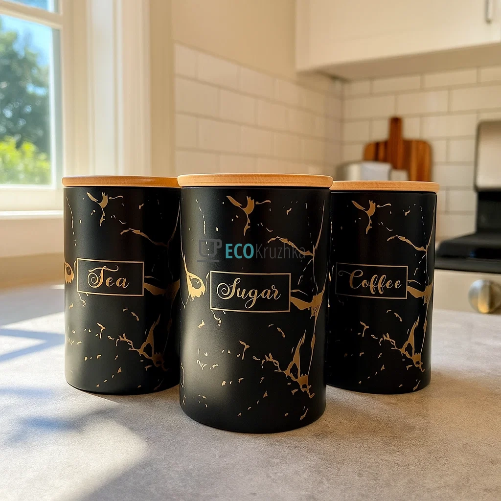 Керамічні банки з бамбуковими кришками (3 шт, 650 мл, чорний матовий із золотом) - 304-947