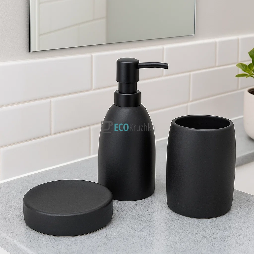 Набір для ванної кімнати (3 предмети) дозатор для мила, склянка для зубних щіток та мильниця, дизайн - чорний 851-325