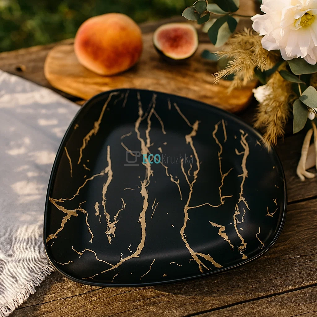 Тарілка порцелянова обідня Мармурова Розкіш, 24см, колір - чорний із золотом 805-718