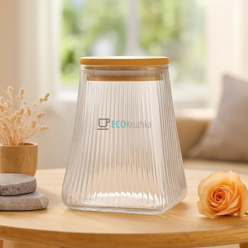 Скляна конусна банка 750мл Ребриста з бамбуковою кришкою Прозорий (992-229) Скляна конусна банка 750мл Ребриста з бамбуковою кришкою Прозорий (992-229)