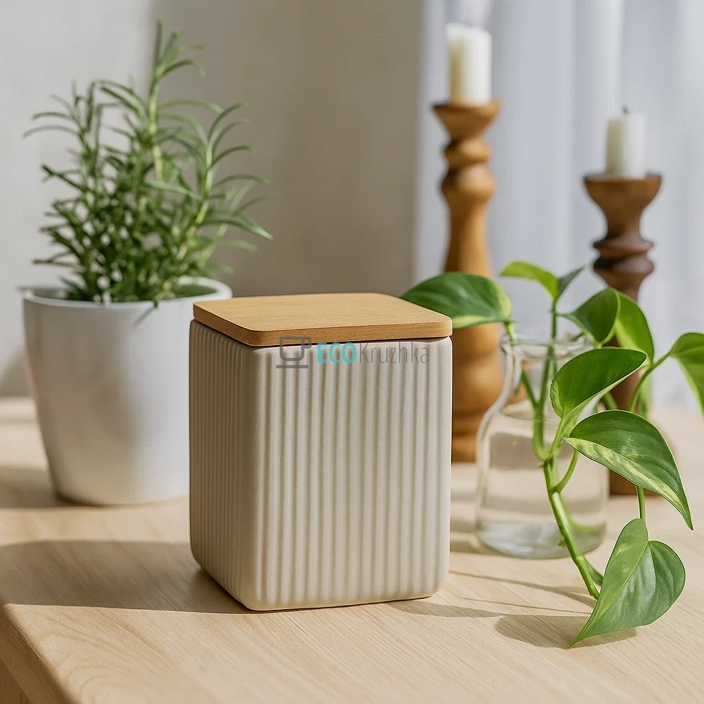 Керамічна банка Scandi Beige з бамбуковою кришкою (900 мл, 10x13 см) - 304-018 Керамічна банка Scandi Beige з бамбуковою кришкою (900 мл, 10x13 см) - 304-018