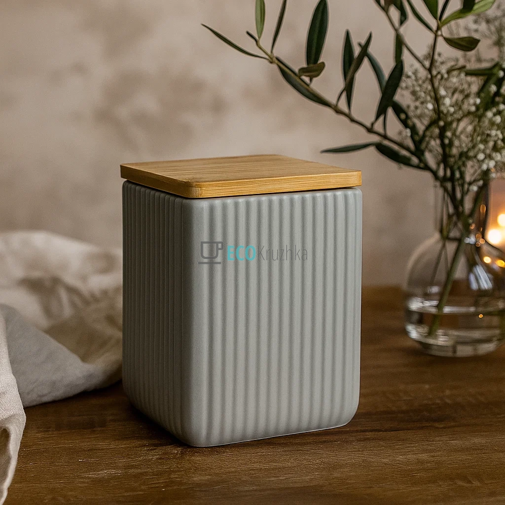 Керамічна банка Scandi Grey з бамбуковою кришкою (900 мл, 10x13 см) - 304-017