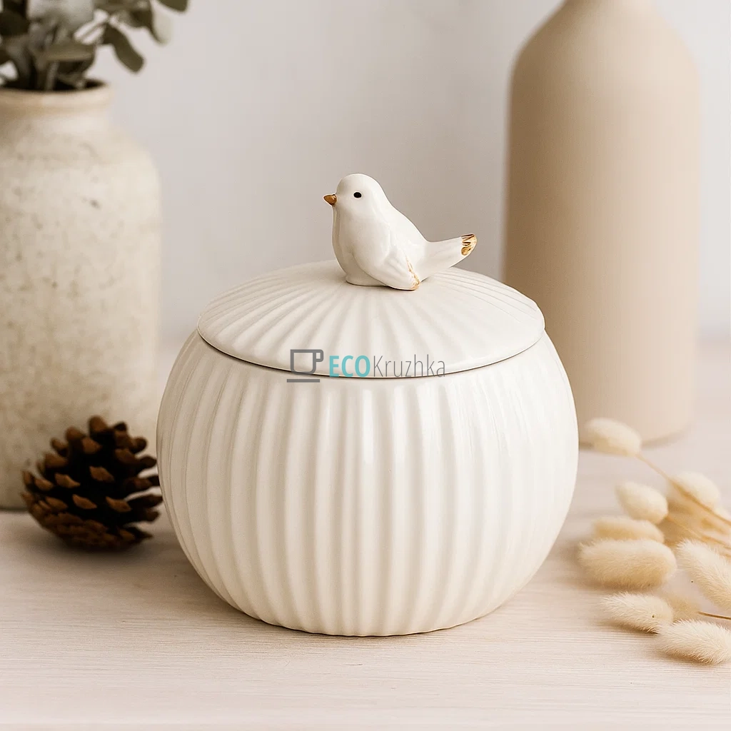 Банка порцелянова 750мл, з фігурною пташкою Білий глянець (727-394) Банка порцелянова 750мл, з фігурною пташкою Білий глянець (727-394)